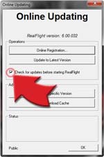 Online Updating Window with box labeled "Check for updates before starting RealFlight&quote; checked